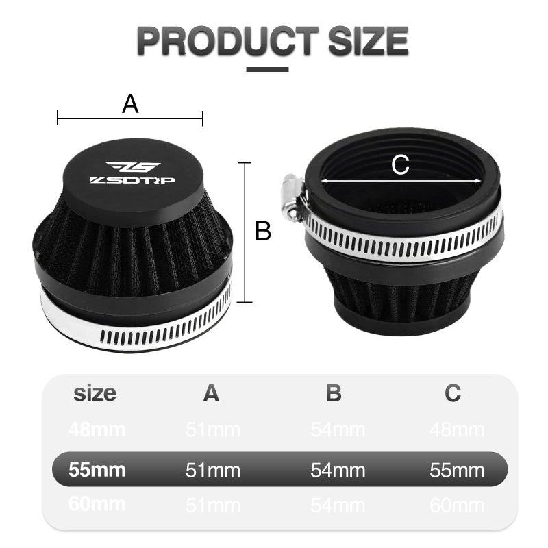 ZSDTRP 2PCS Motorcycle 55MM Air Intake Filter Universal Carburetor Air Filter Cleaner for Dirt Pit ATV SSR TTR Bike Breather Filter Fit for Many Different Carburetors (Black 55MM) - Image 2